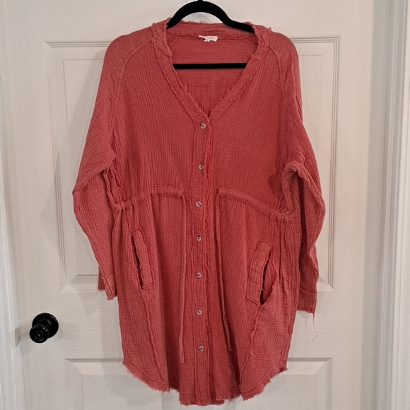 La Miel Burnt Orange Gauze Shirt Jacket Boutique Tunic Draw String Comfort Dress - Picture 3 of 9
